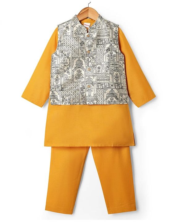 Babyhug Woven Full Length Kurta Pajama Set With Printed Jacket - Yellow