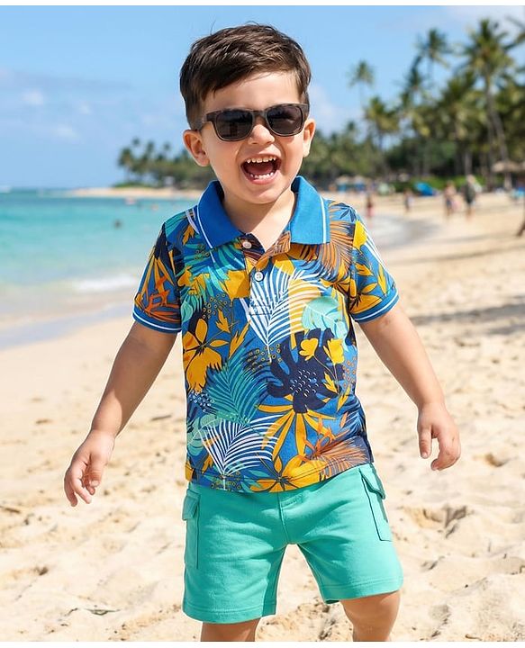 Babyhug Single Jersey Knit Half Sleeves Polo T-Shirt & Shorts Set with Tropical Theme Print - Blue