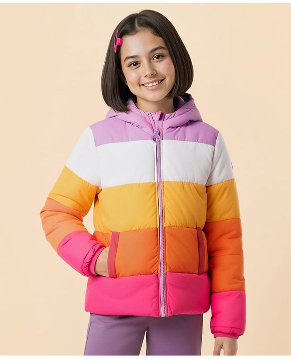 Pine Kids Woven Full Sleeves Hooded Padded Winter Jacket with Color Block Design - Multicolor