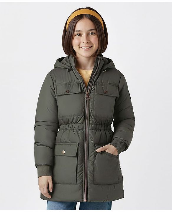 Pine Kids Woven Full Sleeves Solid Hooded Padded Jacket - Olive Green
