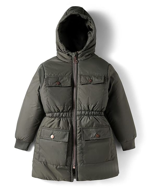 Pine Kids Woven Full Sleeves Solid Hooded Padded Jacket - Olive Green