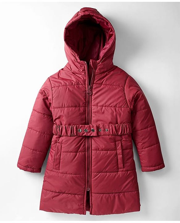 Pine Kids Woven Full Sleeves Solid Coloured Padded Hooded Jacket With Belt - Maroon