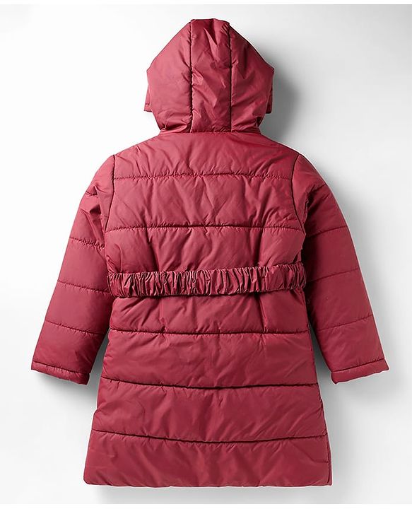 Pine Kids Woven Full Sleeves Solid Coloured Padded Hooded Jacket With Belt - Maroon