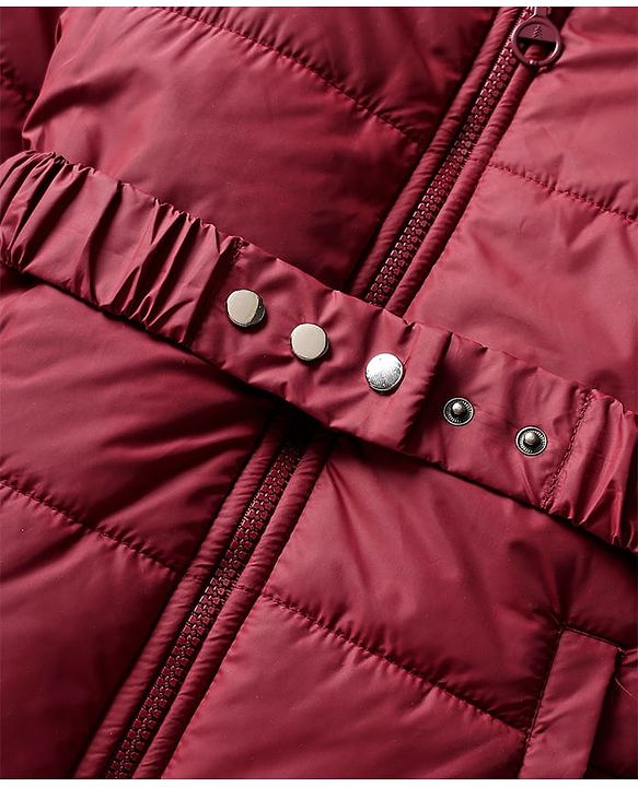 Pine Kids Woven Full Sleeves Solid Coloured Padded Hooded Jacket With Belt - Maroon