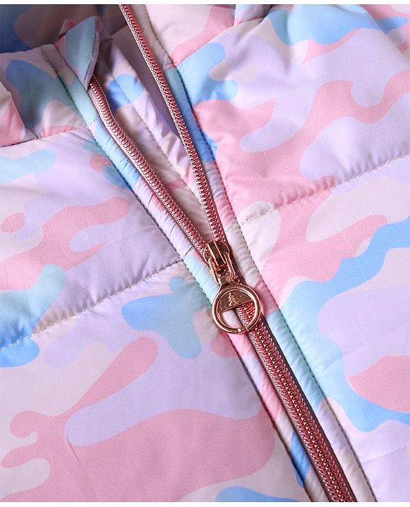 Pine Kids Woven Full Sleeves Hooded Padded Jacket with Camouflage Print & Pocket - Pink
