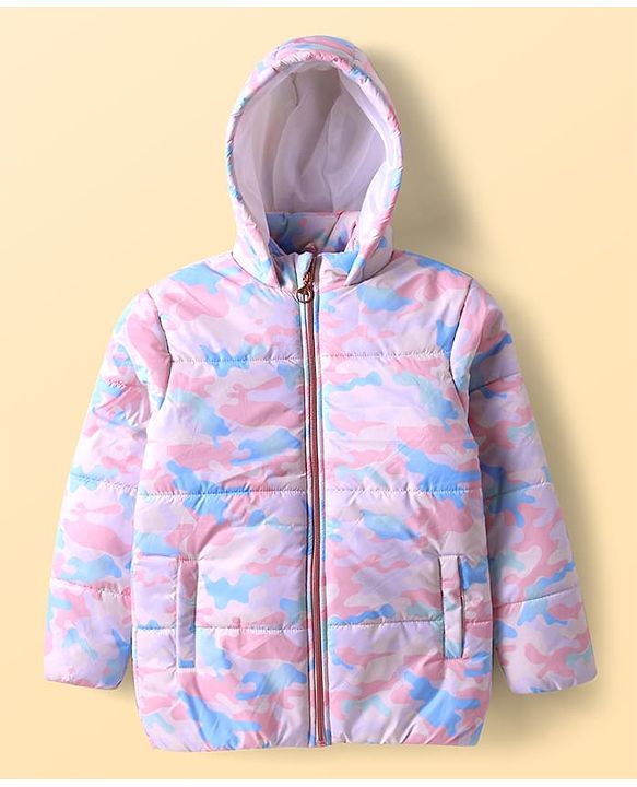 Pine Kids Woven Full Sleeves Hooded Padded Jacket with Camouflage Print & Pocket - Pink