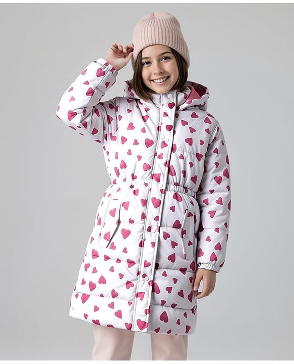 Pine Kids Woven Full Sleeves Hooded Padded Jacket With Heart Print - Pink