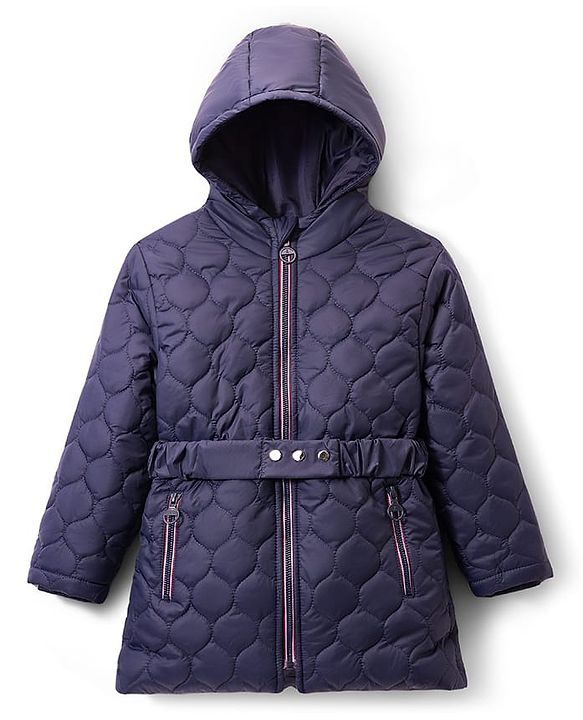 Pine Kids Woven Full Sleeves Solid Color Hooded Quilted Jacket - Navy Blue