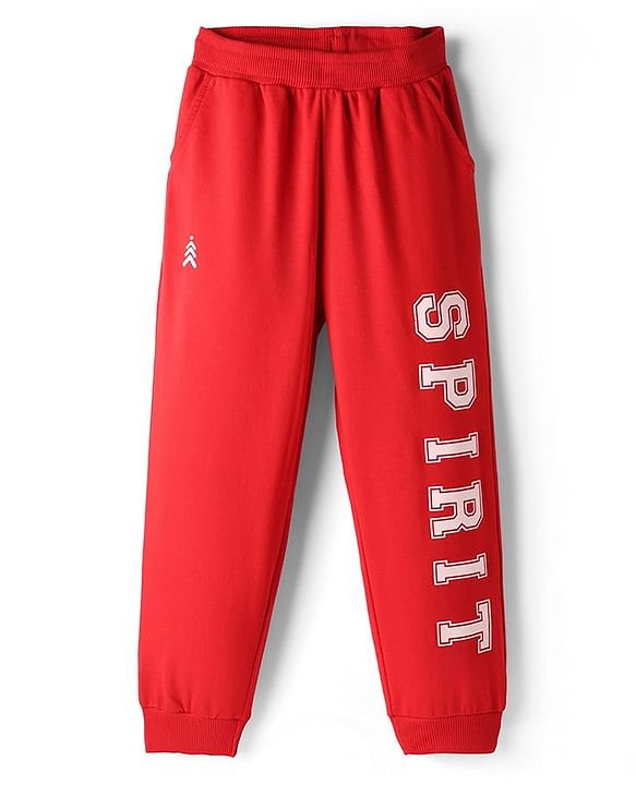 Pine Kids Cotton Knit Full Length Lounge Pant With Text Print - Red