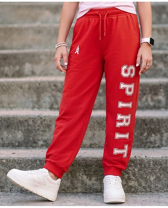 Pine Kids Cotton Knit Full Length Lounge Pant With Text Print - Red