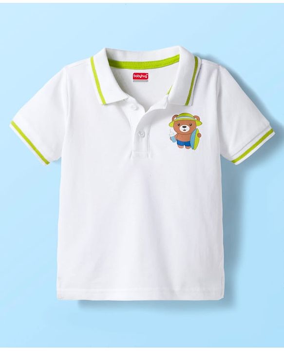 Babyhug Single Jersey  Knit Half Sleeves Polo T-Shirt and Shorts Set With Teddy Print - White & Neon Green
