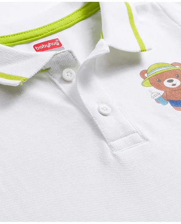 Babyhug Single Jersey  Knit Half Sleeves Polo T-Shirt and Shorts Set With Teddy Print - White & Neon Green