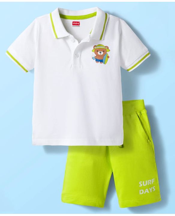 Babyhug Single Jersey  Knit Half Sleeves Polo T-Shirt and Shorts Set With Teddy Print - White & Neon Green
