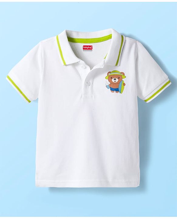 Babyhug Single Jersey  Knit Half Sleeves Polo T-Shirt and Shorts Set With Teddy Print - White & Neon Green