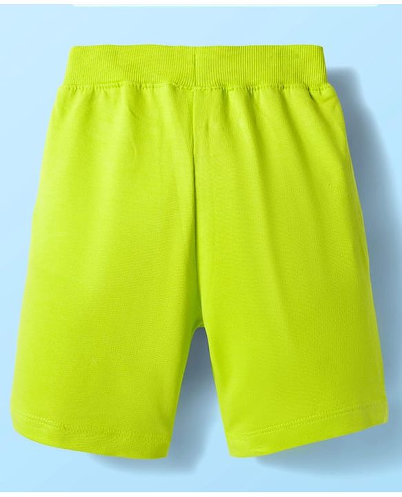Babyhug Single Jersey  Knit Half Sleeves Polo T-Shirt and Shorts Set With Teddy Print - White & Neon Green