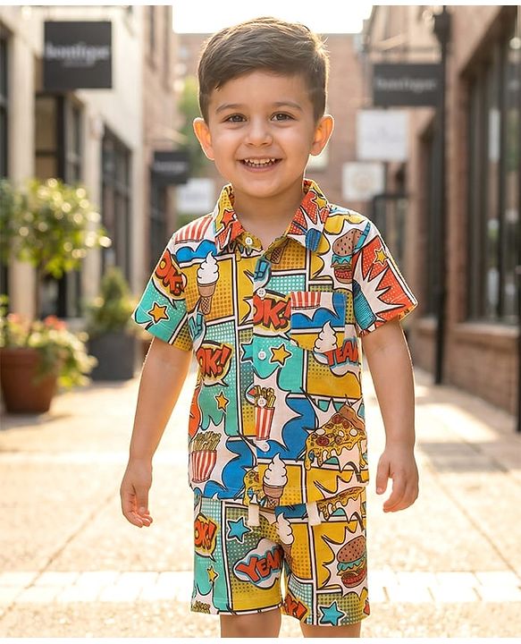 Babyhug Single Jersey Knit Half Sleeves Printed Shirt & Shorts Co-Ord Set - Multicolor