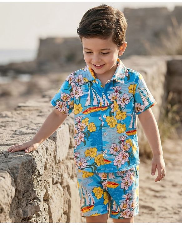Babyhug Single Jersey Knit Half Sleeves Co-ords Shirt & Shorts Set with Beach Theme Print - Light Blue