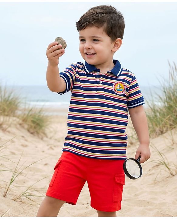 Babyhug Single Jersey Knit Half Sleeves T-Shirt & Shorts Set With Stripes & Text Patch - Red