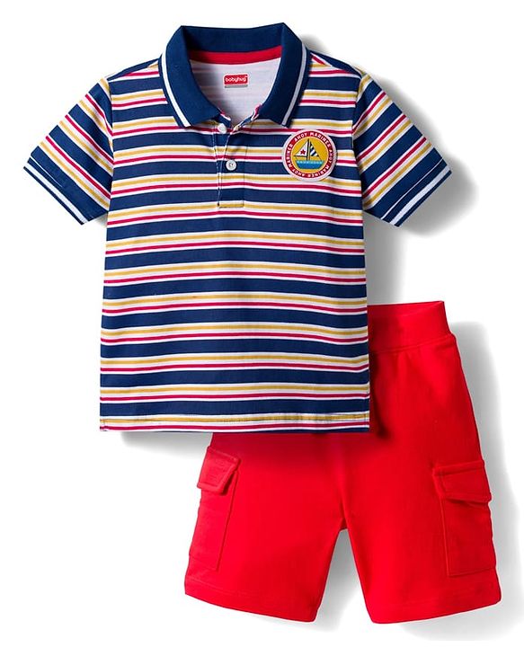 Babyhug Single Jersey Knit Half Sleeves T-Shirt & Shorts Set With Stripes & Text Patch - Red