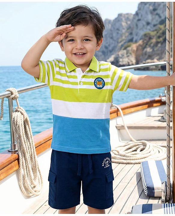 Babyhug Single Jersey Knit Polo T-Shirt & Shorts Set with Stripes - Navy Blue & Limegreen