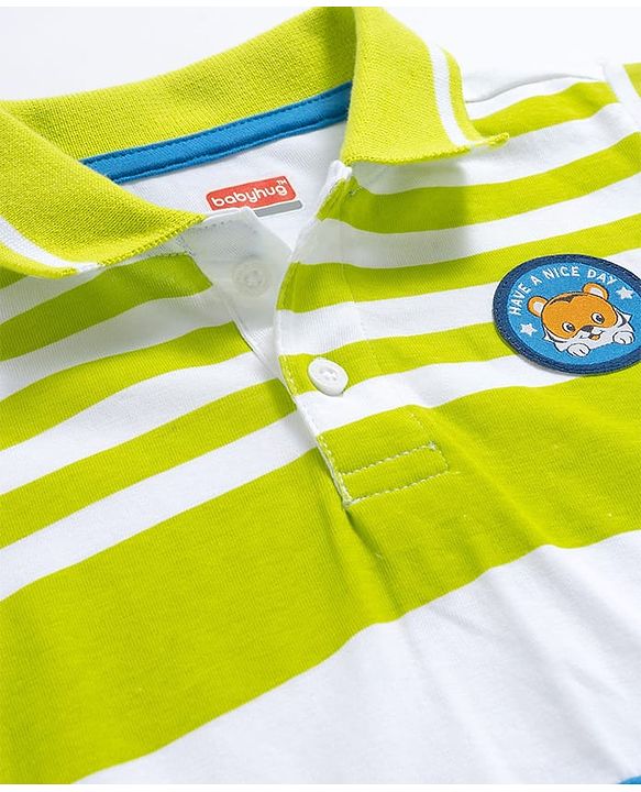 Babyhug Single Jersey Knit Polo T-Shirt & Shorts Set with Stripes - Navy Blue & Limegreen