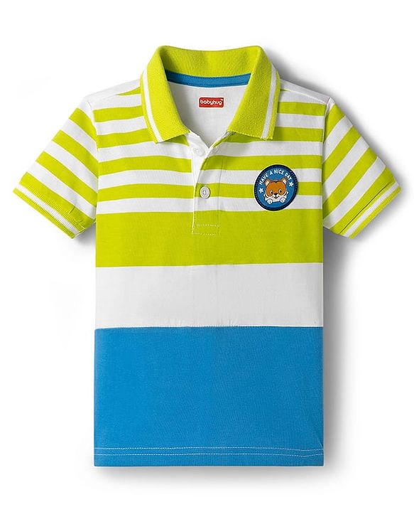 Babyhug Single Jersey Knit Polo T-Shirt & Shorts Set with Stripes - Navy Blue & Limegreen