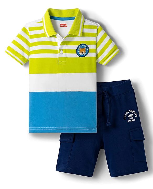 Babyhug Single Jersey Knit Polo T-Shirt & Shorts Set with Stripes - Navy Blue & Limegreen