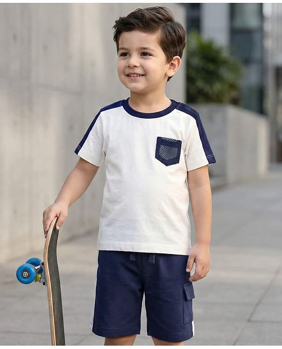 Babyhug Single Jersey Knit Half Sleeves Solid T-Shirt & Shorts Set - White & Blue