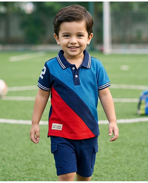 Babyhug Single Jersey Knit Half Sleeves T-Shirt & Shorts Set with Sport Theme Print - Navy Blue & Blue