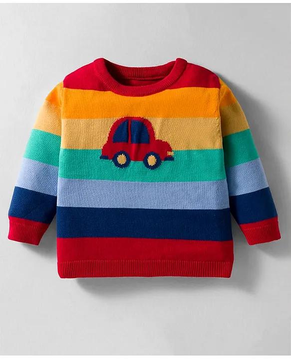 ToffyHouse Knitted Full Sleeves Striped Sweater with Car Print - Red