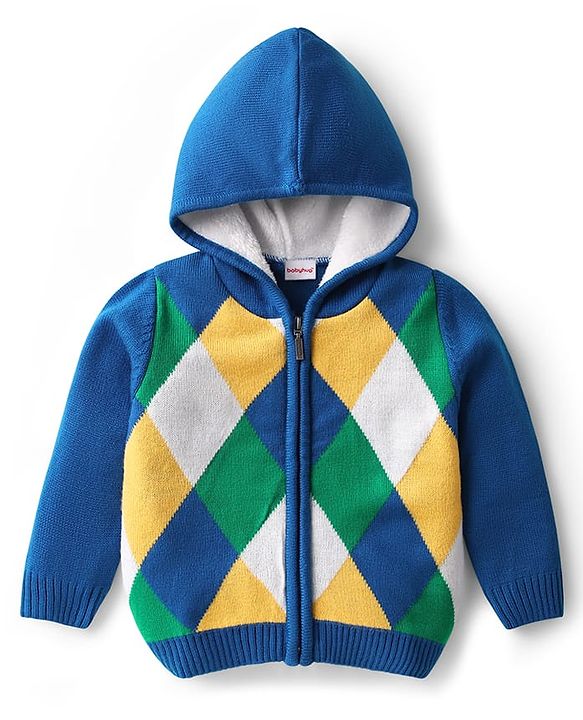 Babyhug Knit Full Sleeves Hooded Front Open Sweater With Checks Design - Blue