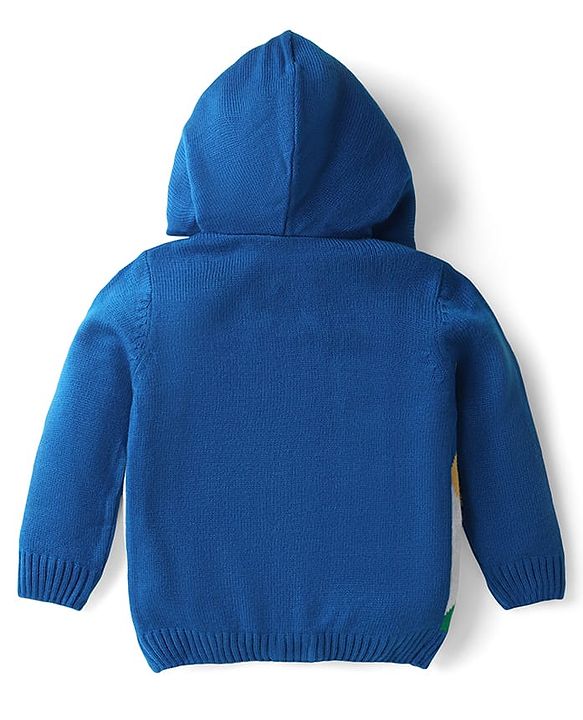 Babyhug Knit Full Sleeves Hooded Front Open Sweater With Checks Design - Blue