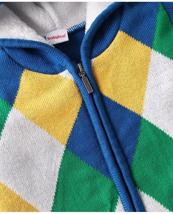 Babyhug Knit Full Sleeves Hooded Front Open Sweater With Checks Design - Blue