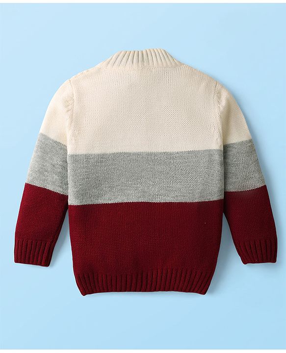 Babyhug Knit Full Sleeves High Neck Henley Style Striped Pullover Sweater With Cable Knit Design  - White