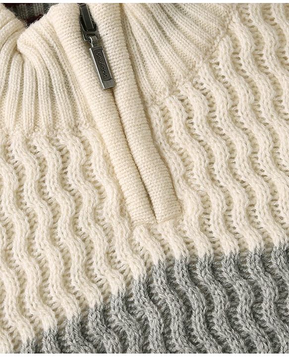 Babyhug Knit Full Sleeves High Neck Henley Style Striped Pullover Sweater With Cable Knit Design  - White