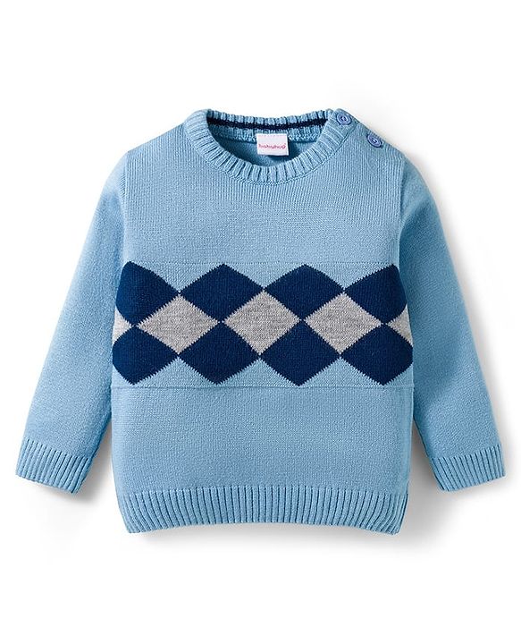 Babyhug Knit Full Sleeves Pullover Sweater Set with Geometry Design - Light Blue & Navy Blue