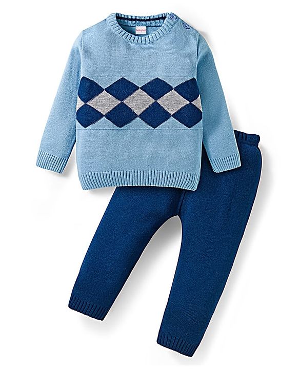 Babyhug Knit Full Sleeves Pullover Sweater Set with Geometry Design - Light Blue & Navy Blue