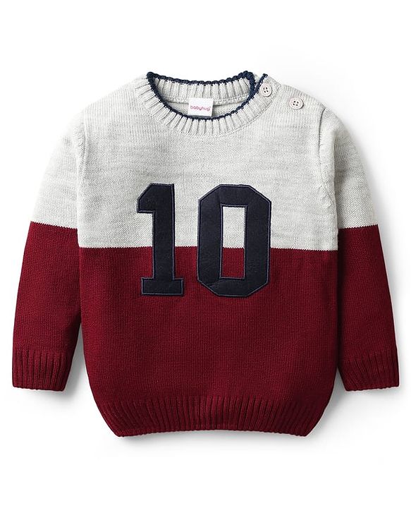 Babyhug Knitted Full Sleeves Pullover Sweater Set with Color Block Design - Grey Red & Navy Blue