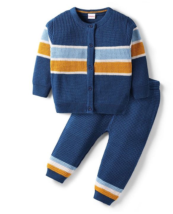 Babyhug Knitted Full Sleeves Front Open Sweater Set - Navy Blue