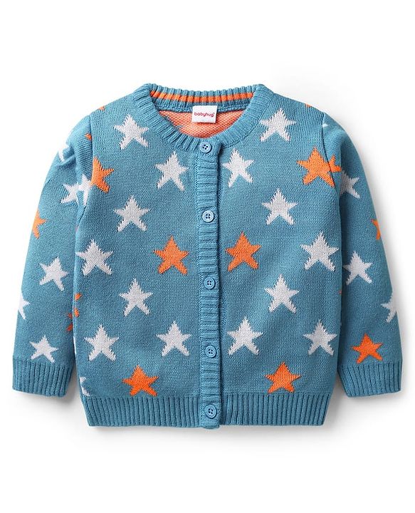 Babyhug Knitted Full Sleeves Front Open Sweater Set with Star Design - Blue