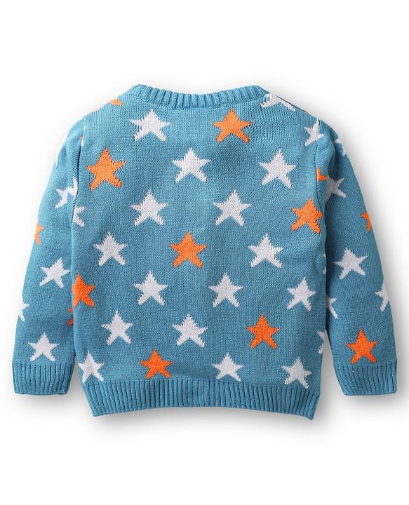 Babyhug Knitted Full Sleeves Front Open Sweater Set with Star Design - Blue