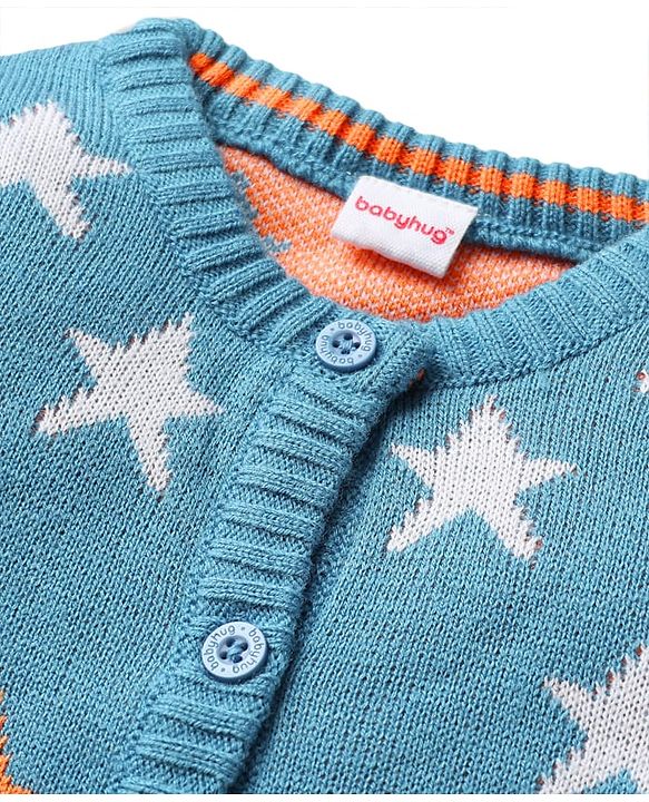 Babyhug Knitted Full Sleeves Front Open Sweater Set with Star Design - Blue