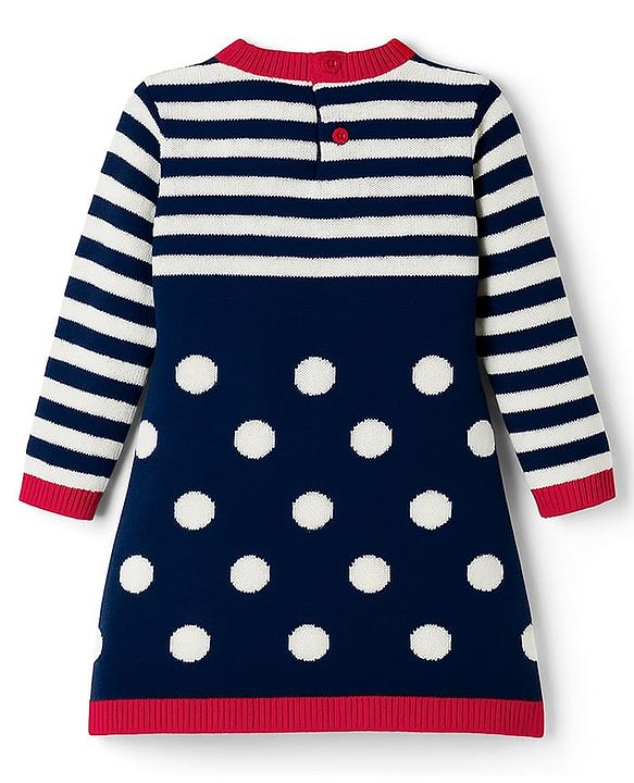 Babyhug Knit Full Sleeves Striped Woollen Dress with Pom Pom Detailing - Navy Blue & Red