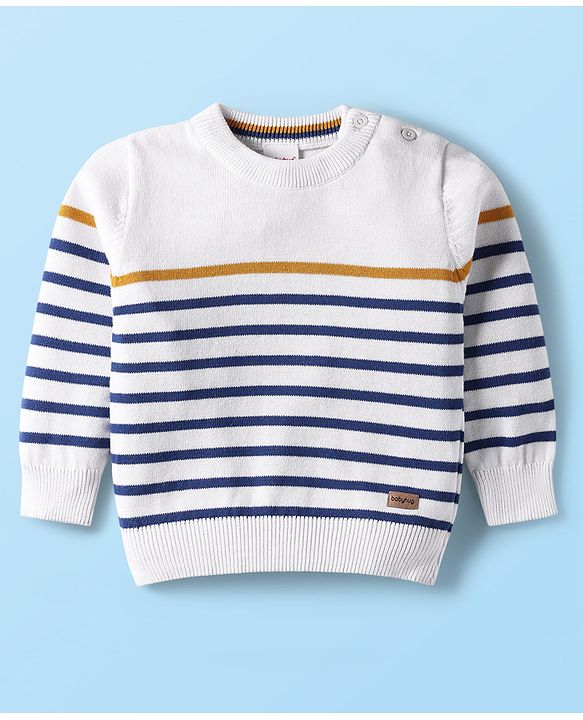 Babyhug Cotton Knitted Full Sleeves Pullover Striped Sweater - White & Blue