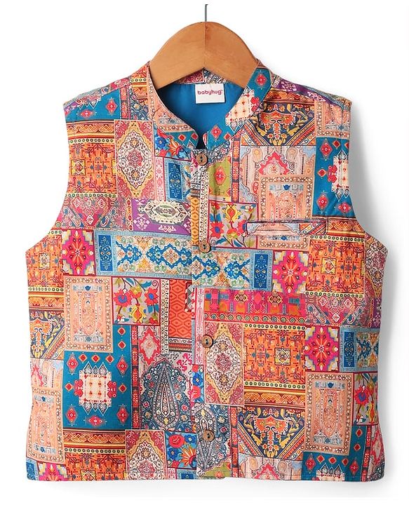 Babyhug Woven Full Sleeves Kurta Pajama Set With Printed Jacket - Teal Blue