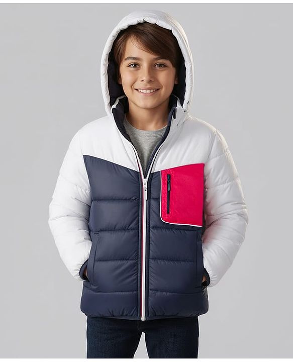 Pine Kids Woven Full Sleeves Solid Color Padded Hooded Winter Jacket - Navy Blue