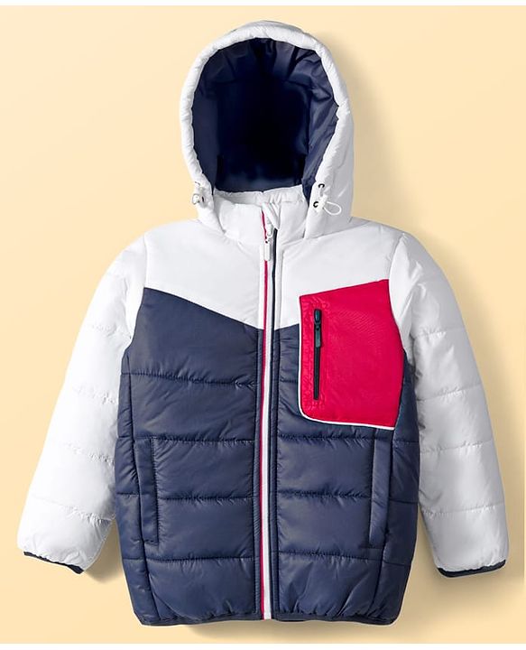 Pine Kids Woven Full Sleeves Solid Color Padded Hooded Winter Jacket - Navy Blue