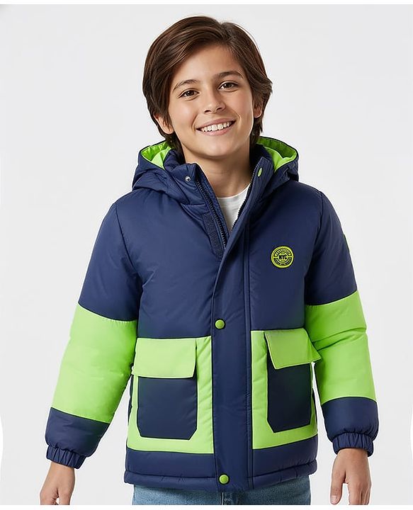 Pine Kids Woven Full Sleeves Solid Hooded Padded Jacket - Navy Blue