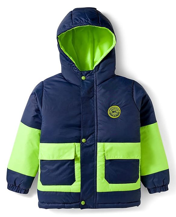 Pine Kids Woven Full Sleeves Solid Hooded Padded Jacket - Navy Blue
