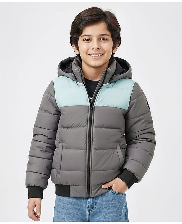 Pine Kids Woven Full Sleeves Hooded Solid Padded Jacket - Grey